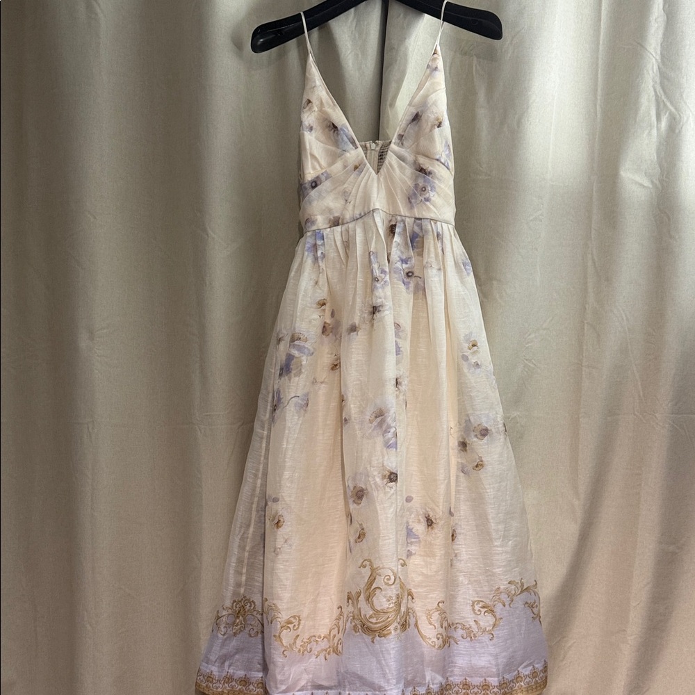Zimmermann Cream Strapless Floral Midi Dress with Gold Trim